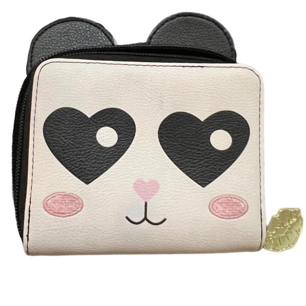 Luv Betsey Panda Wallet White Black Heart Eyes Zip Bifold OS